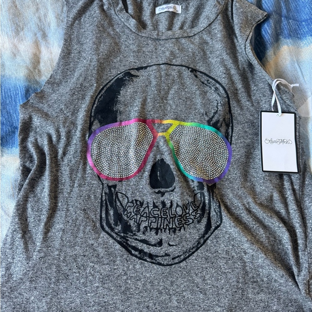 NWT Lauren Moshi Gray Rhinestone Bling Skull Tank Top! Size XS!
